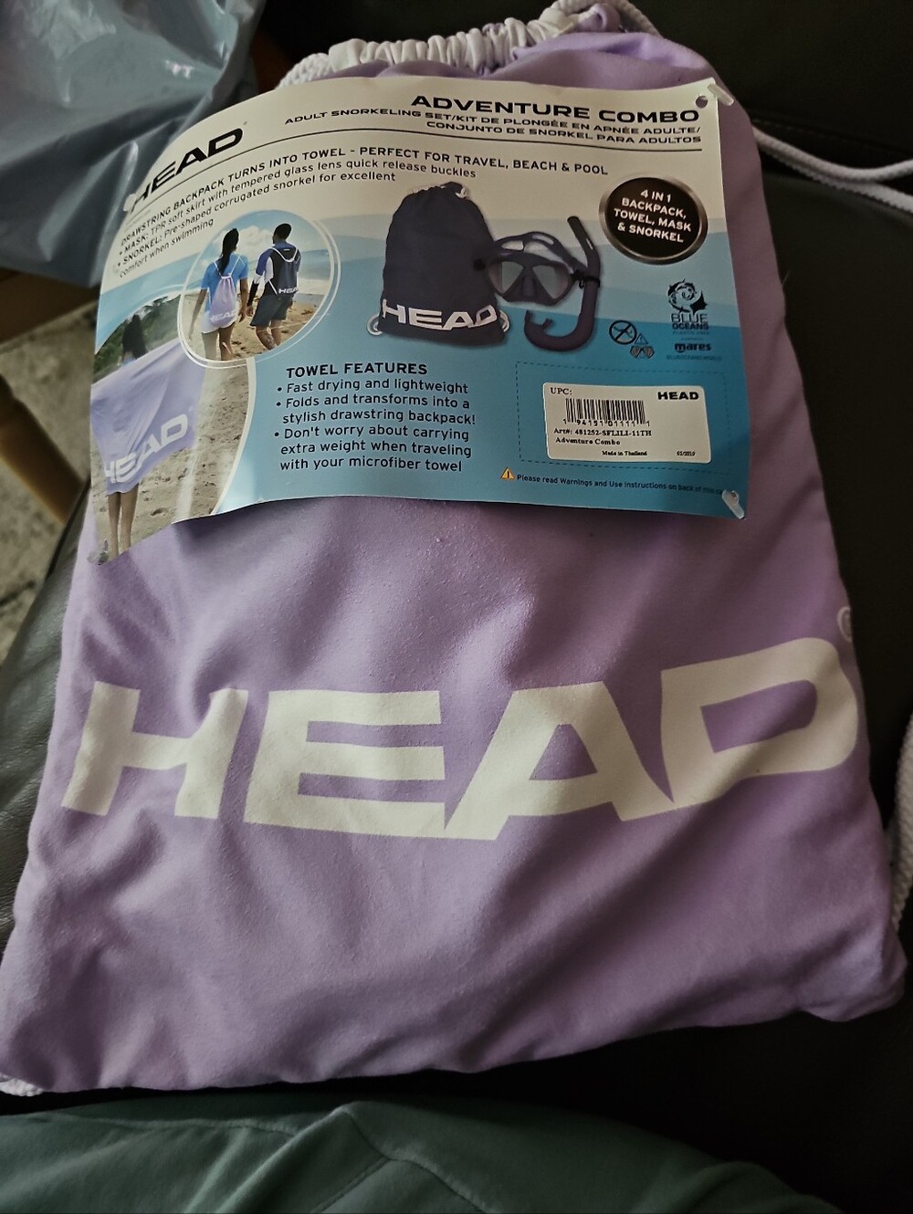 HEAD Lavender Drawstring Towel Backpack with Snorkeling Gear Adult.